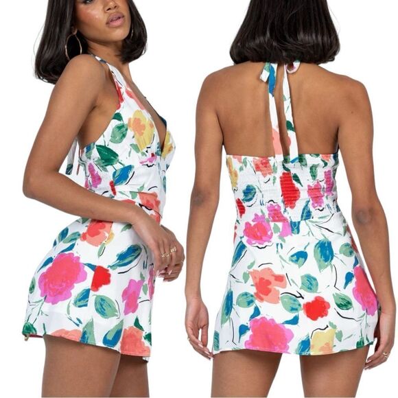 Princess Polly Elaine Floral Tie Halter Top Ruched Smocked Waist Mini Dress - Picture 2 of 16